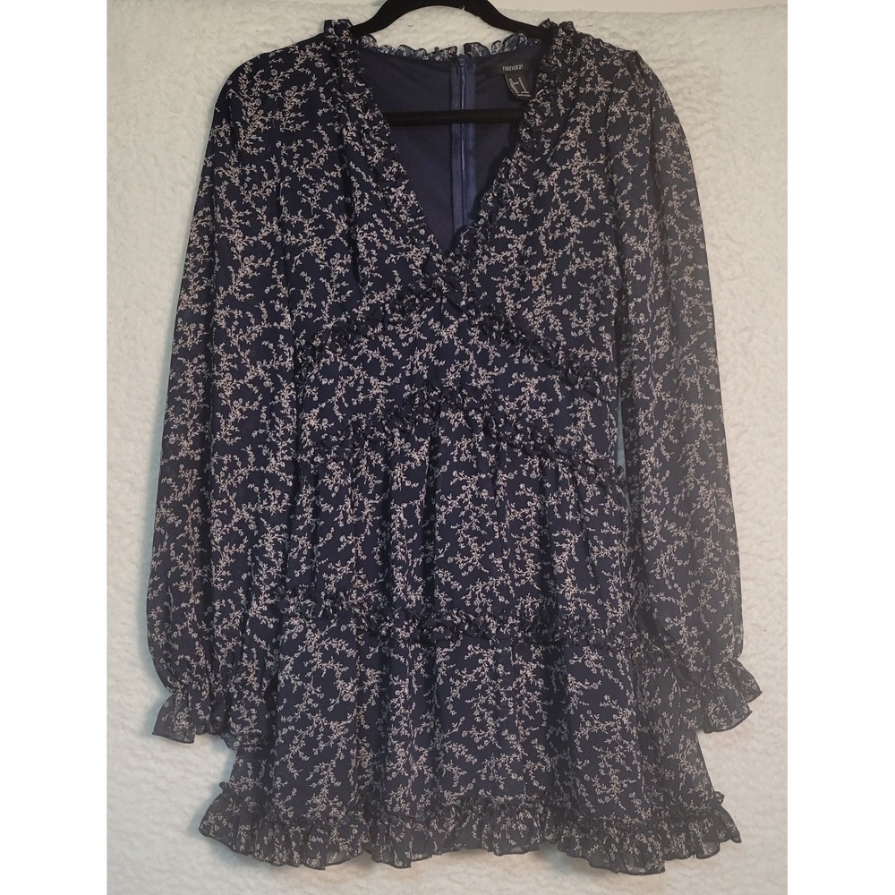Forever 21 Women's Juniors Mini Dress Sz M Long Sleeve V-Neck Floral Lined 1927